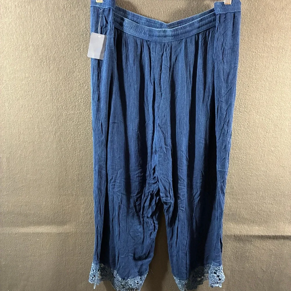 NWT women wide leg pull on pants 3x lace blue embroidered Gauze Cropped coastal